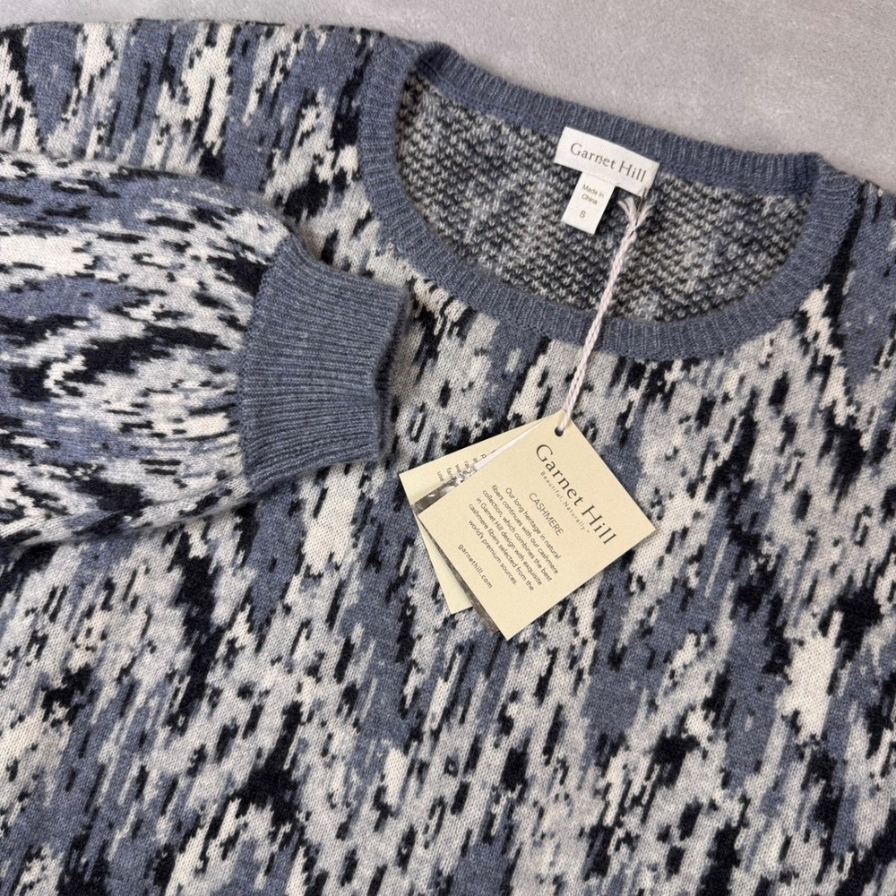 Garnet Hill Womens 100% Cashmere Crewneck Sweater Blue Grey Abstract Ikat Small